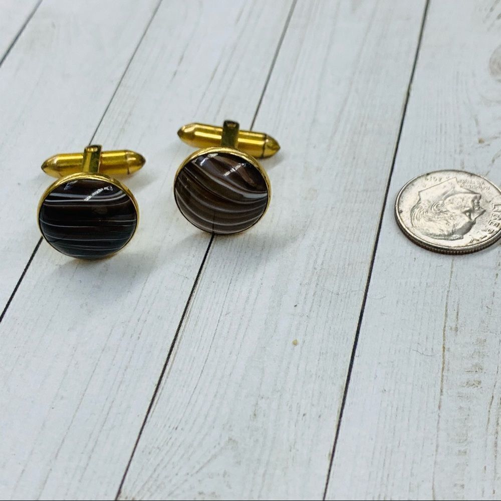 Hicock Brown White Stripe Glass Gold Cufflinks‎